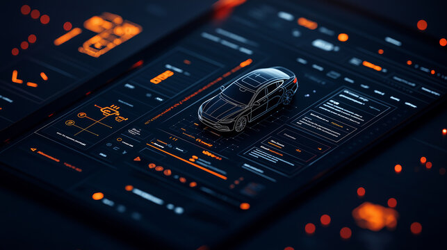 futuristic car model displayed on digital interface with data