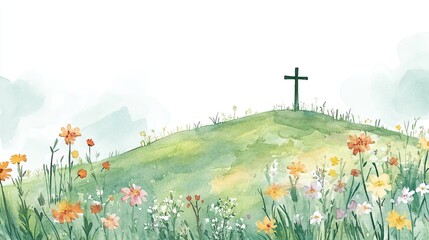 Watercolor Painting of a Cross on a Green Hill with Wildflowers
