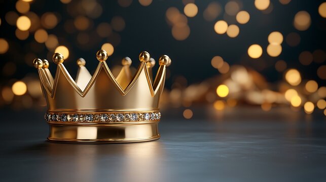 Celebrating royalty golden crown sparkling against bokeh lights decorative art festive atmosphere close-up view symbol of power