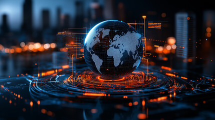 digital globe with data visualization and city lights in background