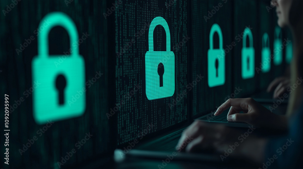 Aufkleber digital security concept with glowing padlocks and hands typing
