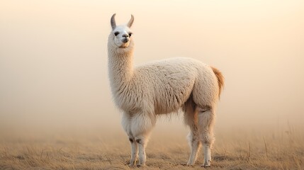 Obraz premium Fluffy White Llama in Misty Field at Sunrise