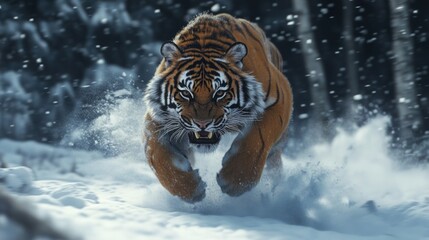 Obraz premium A Siberian tiger charges through the snow, its powerful muscles and sharp teeth visible.
