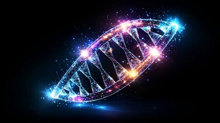 Macro DNA helix structure, illuminated with blue and purple highlights, detailed and elegant, ideal for biotech visuals