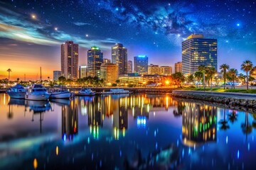 Obraz premium Captivating Night Photography of Long Beach, California: Illuminated Cityscape, Vibrant Harbor, and Starry Sky Reflections over the Pacific Ocean at Dusk