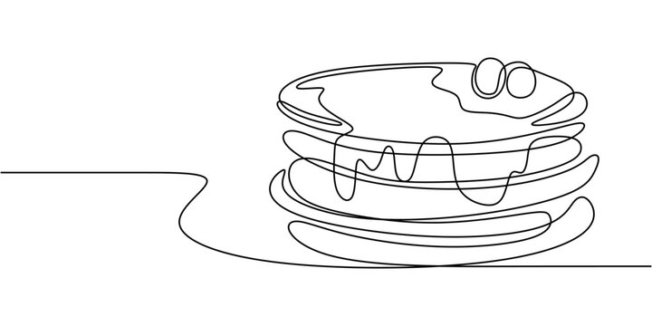 recommend clip art: Stack of pancakes with syrup and fruit continuous line drawing. Delicious breakfast concept.