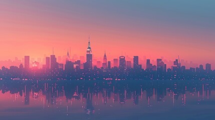 Fototapeta premium City skyline at sunset reflected in water.