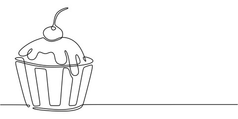 Cupcake with cream and cherries in one line drawing. Simple design for dessert themes.