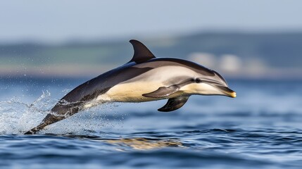 Dramatic close-up of a dolphin mid-leap, sleek body glistening in sunlight, sparkling water trails in the air, surrounded by a serene ocean expanse