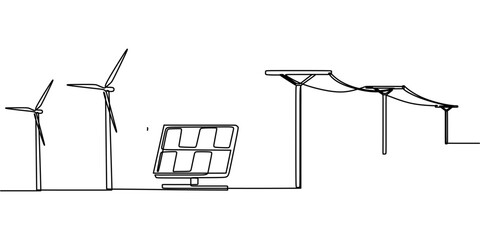 Power grid with electricity poles and wind turbines in continuous one line drawing. Renewable energy. © berkahlineart