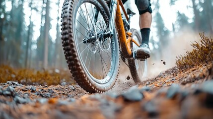 Naklejka premium Low-angle shot of a mountain biker launching from a rugged trail, back wheel in focus, forest floor blurring in motion, vibrant forest backdrop