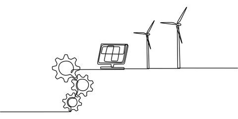 Fototapeta premium Gears, solar panels, and windmills in one line drawing. Renewable energy circulation concept.