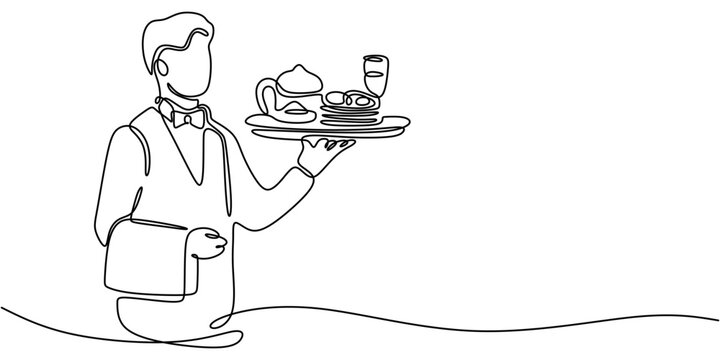 recommend clip art: Waiter carrying a tray of food in continuous one line drawing. Food and drink concept.