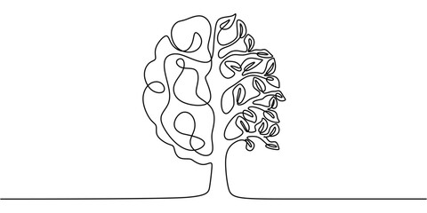 Human brain with a tree growing, drawn in continuous one line style. Psychological growth concept.