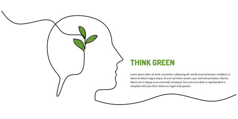Tree growing inside a human head in one line drawing. Psychological well-being and nature.