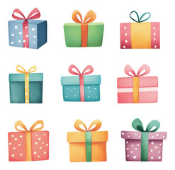 Fototapeta premium Colorful collection of gift boxes arranged in a grid showcasing festive designs and vibrant colors, isolated on transparent background.