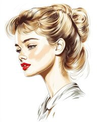 Fototapeta premium Showa retro girl, delicate line drawing, full color, realistic, white background, best quality,