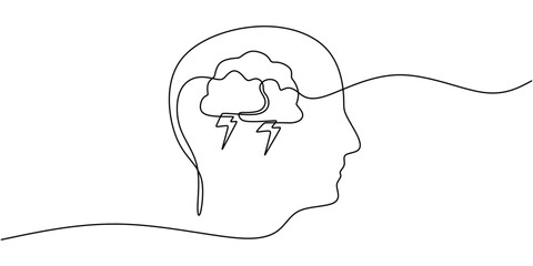 Face with a storm inside in one line drawing. Symbolizing psychological struggles and distress.
