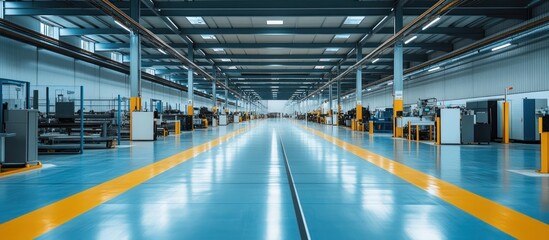 Fototapeta premium A wide shot of a large, empty industrial warehouse with blue and yellow floor, steel columns, and overhead lights.