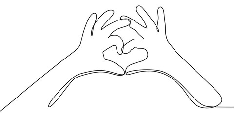 Two hands forming a heart in continuous one line drawing. Symbolizing love and connection.