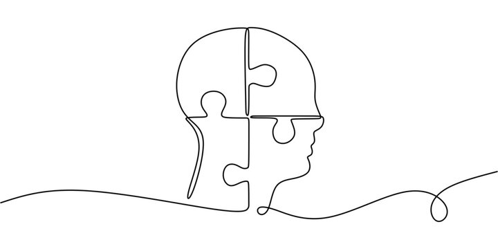 recommend clip art: Head with puzzle pieces in one line drawing. Solving psychological challenges and finding balance.