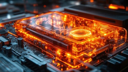 Fototapeta premium A glowing circuit board with illuminated components showcasing advanced technology.
