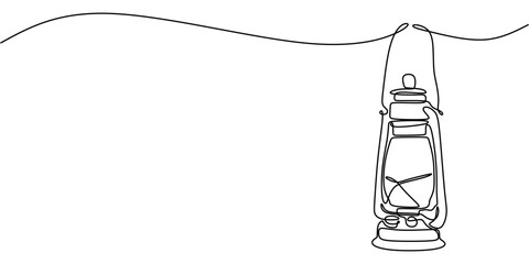 Oil Lantern with a Handle and Glass in a Continuous Line Drawing. Symbolizing Traditional Lighting and Nostalgia in a Minimalist Depiction of a Vintage Item.