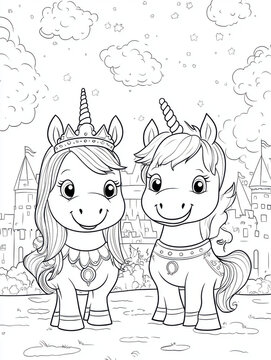 A very cute and beautiful girl unicorn and boy unicorn dressed in a princes's and prince"soutfit, crown on the head, standing in front of a castle. cute claud in the sky, coloring book style,