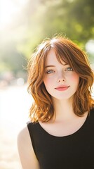 Naklejka premium A young woman with wavy hair smiles softly in a sunlit outdoor setting.