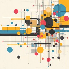 Abstract geometric design featuring colorful circles and lines.