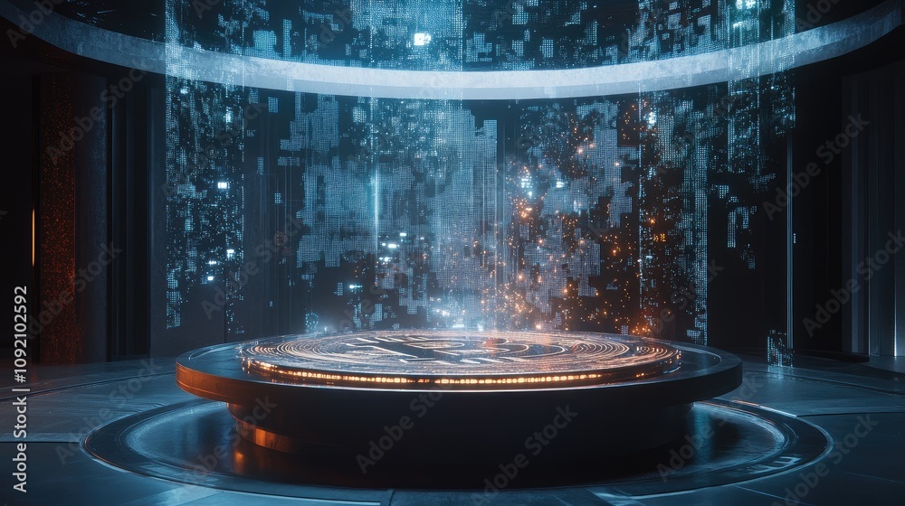 Poster futuristic digital display in a high-tech environment featuring a glowing circular platform with abs