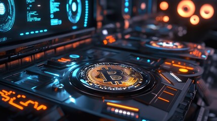 Futuristic Concept of Cryptocurrency Mining with Bitcoin Tokens on High-Tech Circuit Boards and Digital Interfaces in a Modern Desktop Environment