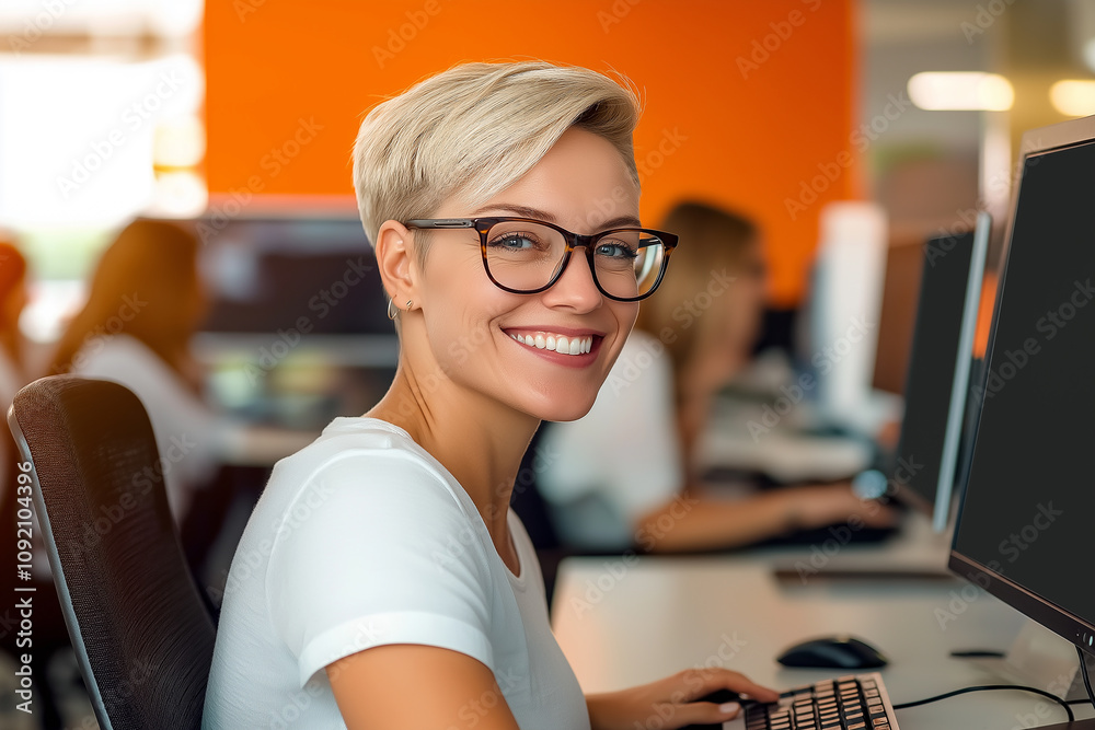 Poster smiling female office employee working on computer in modern office: