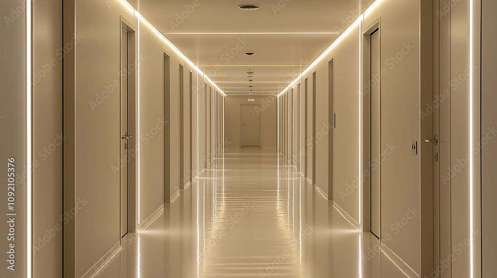 Poster long empty corridor with illuminated walls and doors in modern building