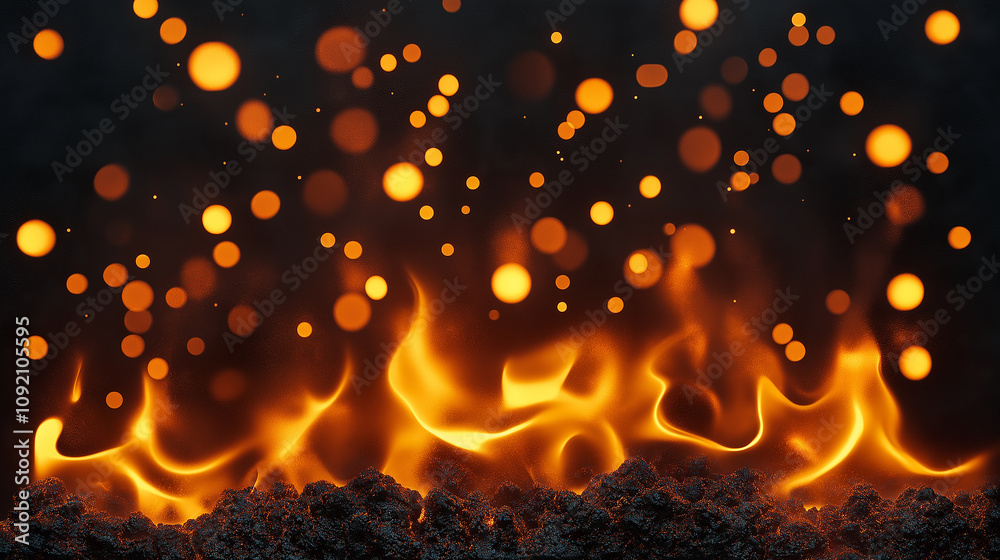 Poster burning fire flames with flying sparks and bokeh effect on black background