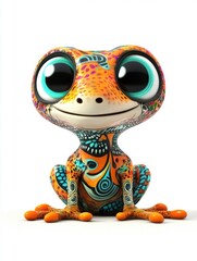 Cute Painted Gecko Smiles Brightly, Sitting Cheerfully on White Background;  Vibrant Colors, Unique Design, Adorable Amphibian.
