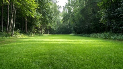 Fototapeta premium Nature retreat lush green meadow serene forest landscape photography peaceful atmosphere