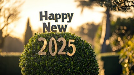 Celebrating New Year 2025 illustrated with lush green topiary bushes trimmed to form the words in a sunlit garden.