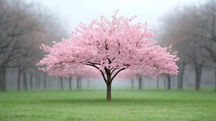Naklejka premium Cherry blossom tree in foggy park landscape nature photography tranquil environment serene view