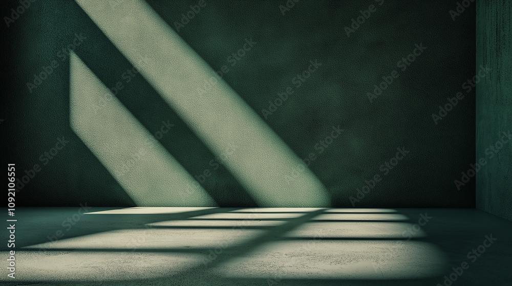 Poster Empty room with light beams entering through window, creating shadows on green wall