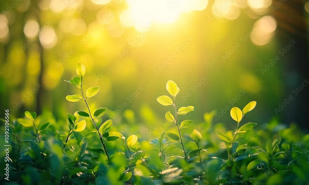 Poster Serene sunlit forest with lush green foliage and tiny seedlings in morning glow : Generative AI