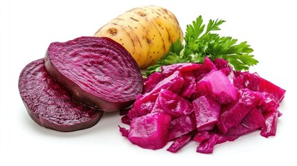 Obraz premium Fresh red beets, chopped red cabbage, and a whole potato on a white background.