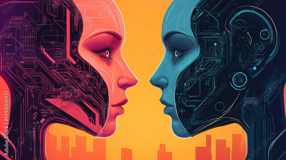 Poster two cyborgs face to face showing circuits and futuristic city