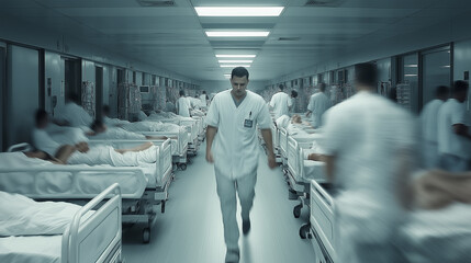 Doctor walking in hospital ward with many patients lying in beds