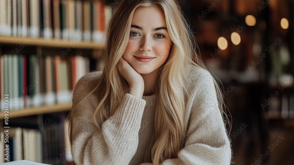 Poster Smiling student girl studying and reading in the library or bookstore