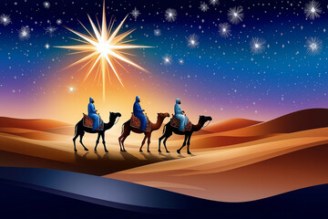 Fototapeta premium Three wise men following christmas star across desert on camels