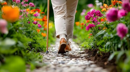 Elderly woman recovering from a leg injury, cane in hand, stepping carefully down a garden path, vibrant flowers on both sides, calm demeanor