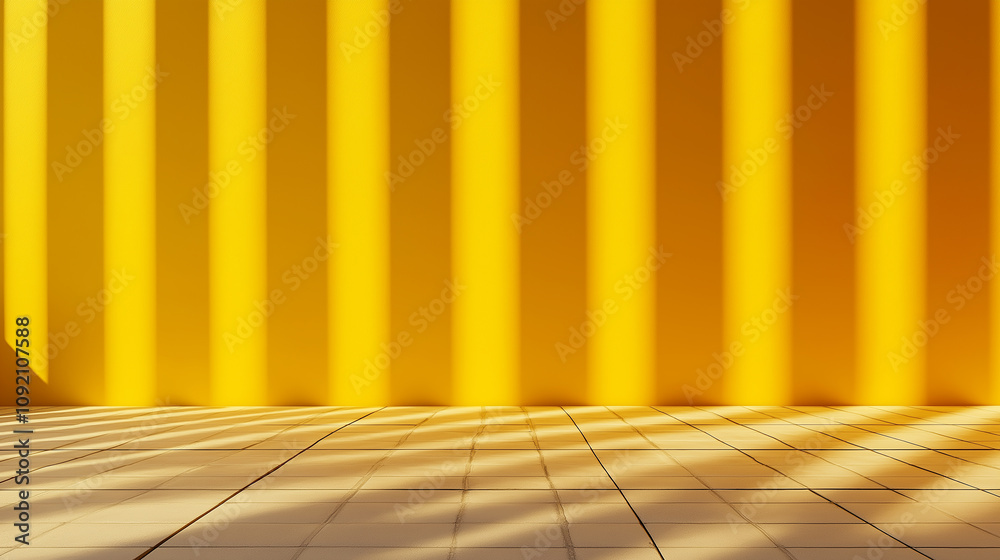 Poster Sunlight casting shadows on yellow wall and tiled floor