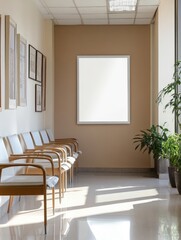 Fototapeta premium Modern Waiting Area With Blank Sign And Wooden Chairs