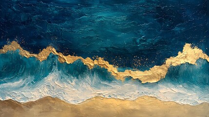 Fototapeta premium Ocean waves, shades of blue and gold, ethereal coastal landscape